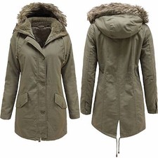 New Ladies Khaki Parka Coats Women Fur Hood Padded Combat Military Girls Jackets