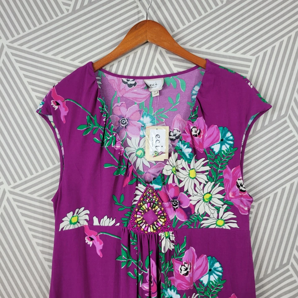 Novo Vestido de Festa ECI tamanho 14 Elástico Roxo Floral Frisado Frente Joelho Comprimento Verde - Imagem 3 de 4