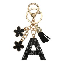 Alphabet Initial Letter Keychain Cute Charm with Tassel Flowers Letter A Black