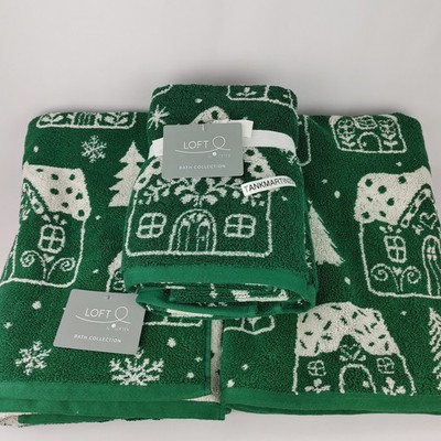 Set of 4 Loft 2 Bath 2 Hand Towels Green Christmas Gingerbread House Winter