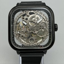 Mens Watch 41mm Square Skeleton Dial Black Mesh Automatic Stainless Steel