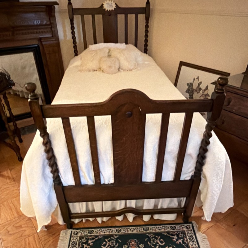 Antique Victorian Wood Twin Bed Frame with Carvings and Turned Posts