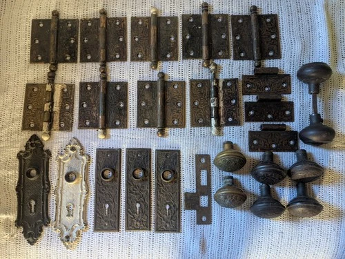 Lot of reclaimed antique victorian ornate door hinges door knobs face plates