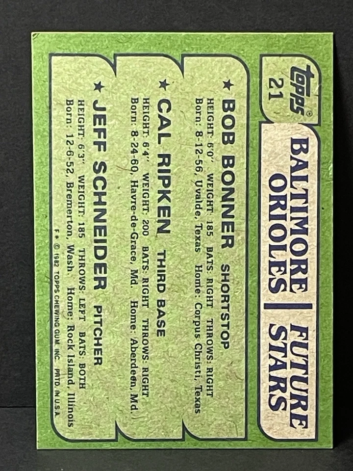 Tarjeta de radiocontrol de novato Cal Ripken Jr. 1982 Topps #21 Baltimore Orioles patio limpio casi nuevo Foto 2 de 2