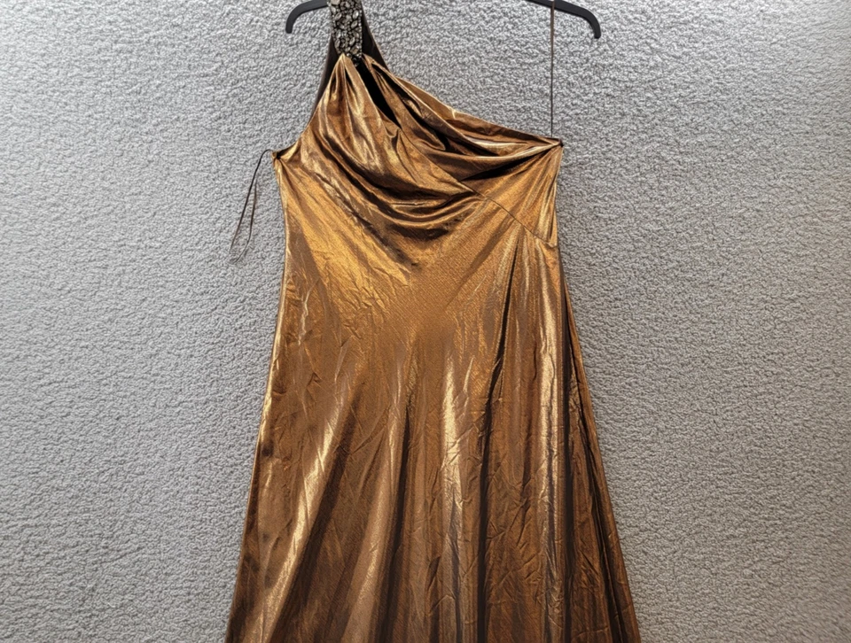 Lauren Ralph Lauren One-Shoulder Metallic Chiffon Gown Women's 10 Gold Foil - Image 3 of 4