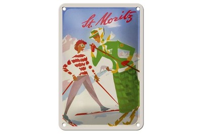 Blechschild Reise 12x18 cm St. Moritz Frauen auf Ski Deko Schild