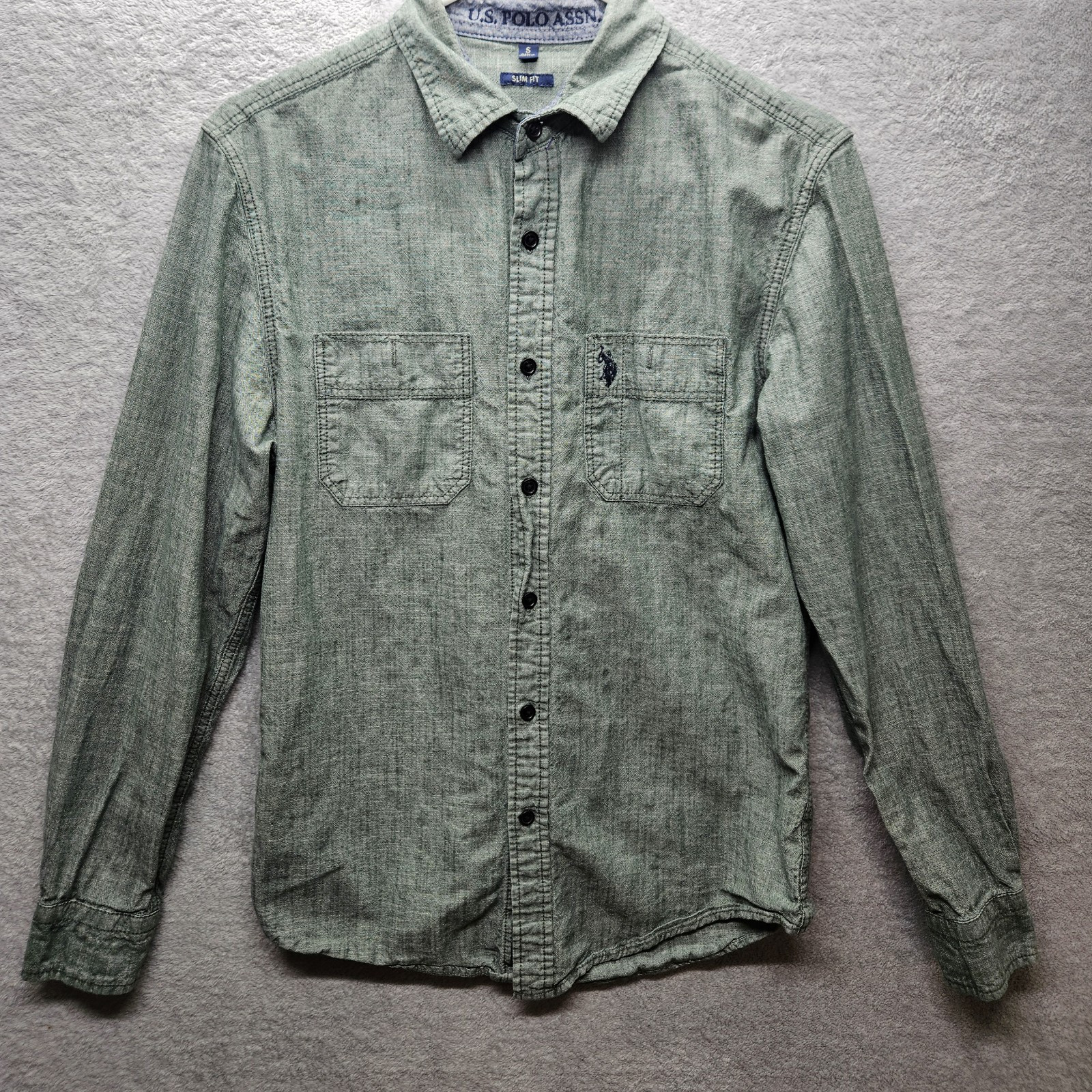 U.S. Polo Assn. Camicia verde uomo taglia S con bottoni manica lunga slim fit logo pony.
