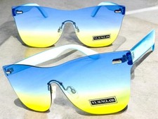 Classy Modern Retro Shield Party Raver SUNGLASSES Rimless Frame Blue Yellow Lens