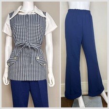 Vintage 1970s Double Knit Short Sleeve Pant Suit Polyester Tunic Bell Bottom 70s
