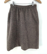 Vintage Tweed Skirt 10 Brown Wool Blend Herringbone Preppy Academia 25Wx25L