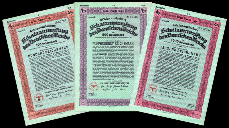 1936 Nazi Germany 3 Twelve Year Treasury Bonds RM100-1K Third Reich Finance VF+