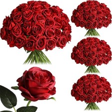 Nubry 50pcs Artificial Burgundy Roses Bulk, Fake Red Roses Flower with Stems Rea