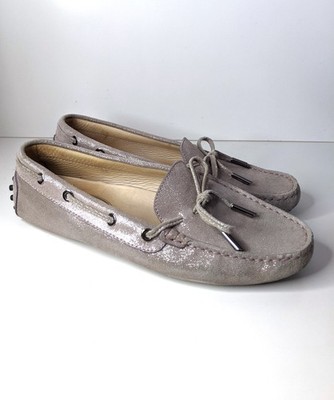 TOD'S Schuhe Loafers 38 Gommino Leder mit Schimmer Textur Muster BEIGE ROSA Ösen
