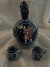 Vintage German Decanter W/ 2 Tiny Mugs & Cork Stopper, Germany, Salt Glazed 
