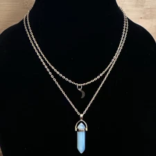 Layered Gold Tone Crystal & Crescent Moon Pendant Charm Necklace 