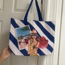 Lanc me Blue White Striped Tote Bag Pink Lined Beach Print Double Handles