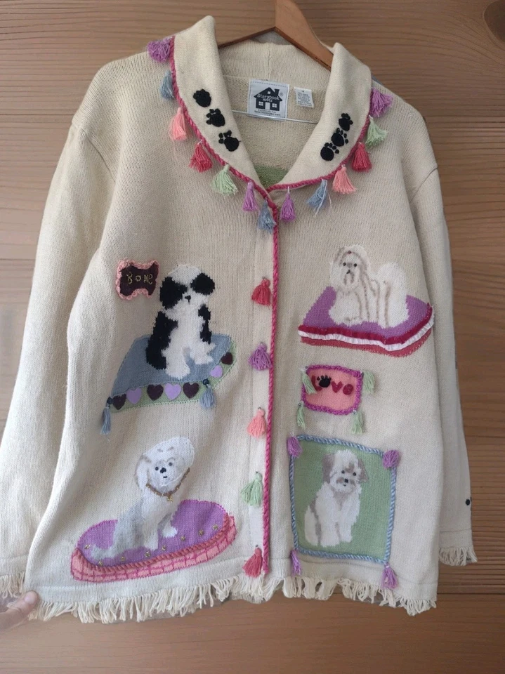 Suéter de Colección Libro de Cuentos Tejidos Shih Tzu Perro 1X Borlas Flecos Pata Estampado Beige HSN Foto 2 de 4