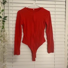 Red Long Sleeve Bodysuit Solid Opaque Women's One Piece Regular Size