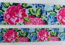 Pretty pink blue hydrangea floral Palm Beach grosgrain ribbon 7/8" 1.5" flowers