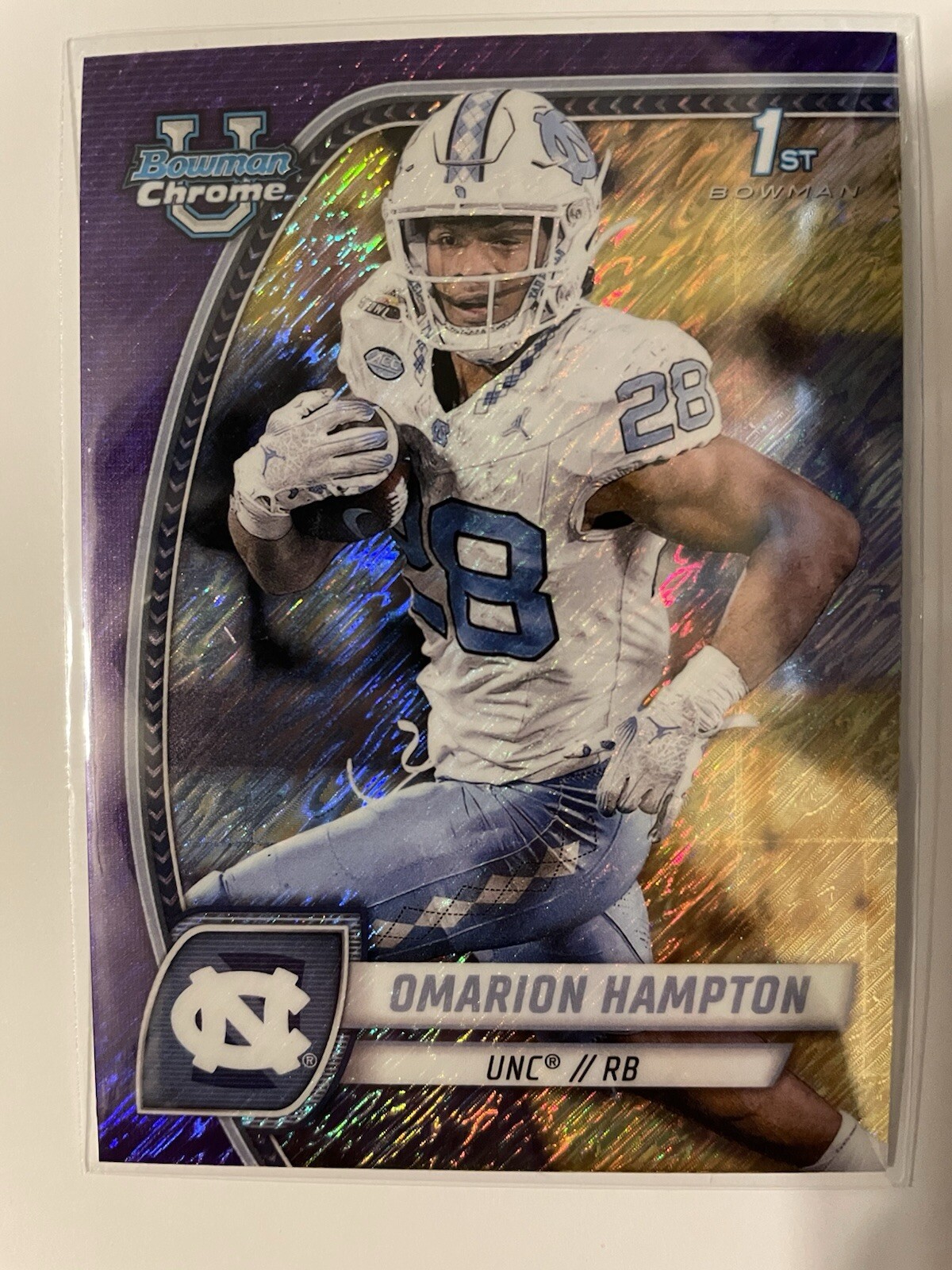 Omarion Hampton 2024 Bowman Chrome U No. 198 1st Bowman Purple Shimmer UNC/LAC