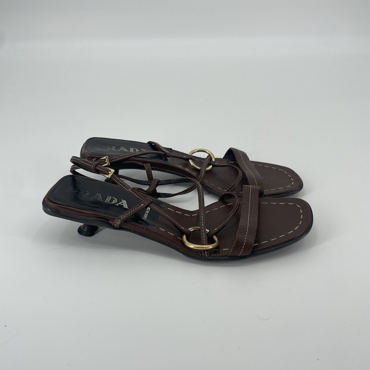 【K】PRADA Leather Low Heels Vintage Prada Kitten Heel Sandal Strappy Yellow Heels Brown