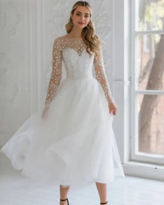 New Ivory Short Wedding Dresses O Neck Long Sleeve Appliques Tulle Bridal  Gowns | eBay