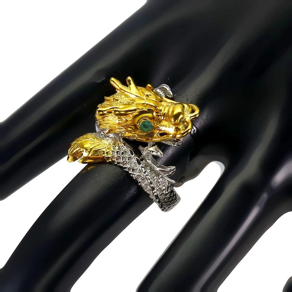 ANEL DRAGÃO AMARELO CITRINO E ESMERALDA 2 TONS PRATA ESTERLINA 925 14K WGP TAMANHO 7,5 - Imagem 3 de 3