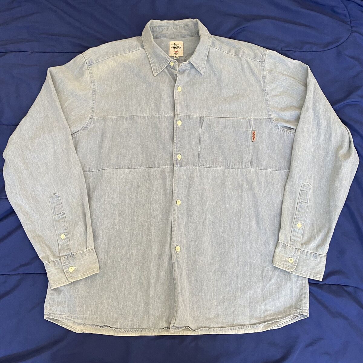 Vintage 90s Stussy Blue Denim Button-Up Pocket Shirt Mens Vintage 90s Stussy Blue Denim Button-Up Pocket Shirt Mens