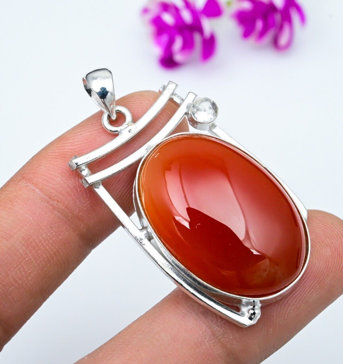 Dainty Carnelian Oval White Topaz Pendant Gemstone 925 Sterling Silver  Jewelry