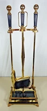 Vintage Elegant Brass & Black Marble Handle Fireplace Tool Set 4 Piece + Stand