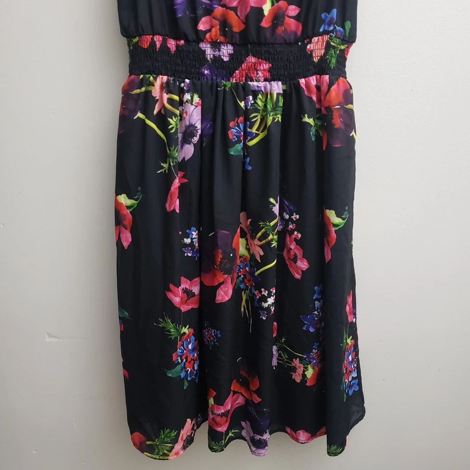 Modcloth Sleeveless High Neck Dress MED Shirred Waist Pink Purple Floral Chiffon - Image 3 of 4