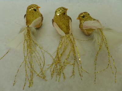THREE Vintage Decorative Bird Ornaments Gold Sequin/Feather/Foil