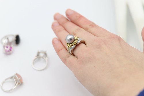 Vintage Tahitian Pearl Ring 18K Two Tone Gold Vintage Pearl Ring Natural Diamond - 第 13/13 張圖片
