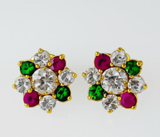 Solid 14K Gold CZ Flower Stud Push Back Earrings Floral Cluster Studs