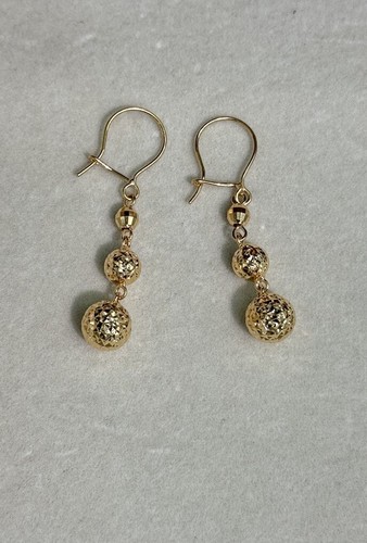 18k Solid Yellow Gold 3 Balls Dangle Leverback Earrings, 2.44 Grams - Picture 4 of 6