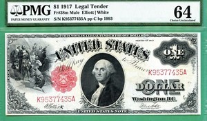 MULE - 1917 $1 USN - PMG CU 64 - Fr 38m Elliott / White - 1917 $1 SAWBUCK MULE