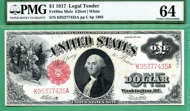 MULE - 1917 $1 USN - PMG CU 64 - Fr 38m Elliott / White - 1917 $1 SAWBUCK MULE