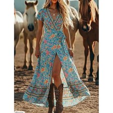 ZESICA Boho Floral Wrap Maxi Dress Teal Pink Short Slv Slit Cottagecore Size XL