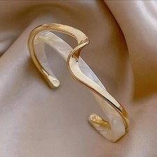 Gold Tone Open Cuff Bangle Bracelet Wave Design Resin Inlay Adjustable