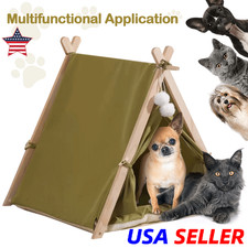 Cat Tent House Oxford Fabric Wood Pet Sleeping House with Soft Cushion Green 
