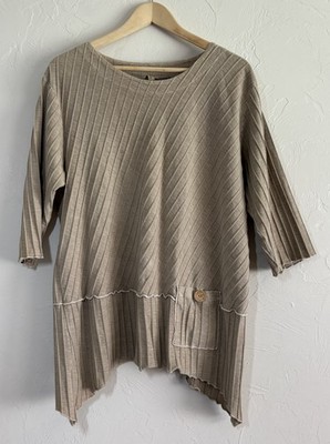 Focus Taupe Ribbed Cotton Tunic Top Lagenlook 3/4 Sleeve Artsy Minimalist Size M
