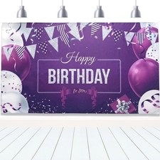 Happy Birthday Backdrop Banner Large Purple Silver and White Balloons Sign Po...