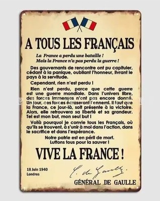 Aufruf vom 18. Juni 1940 General de Gaulle Wandplatte 20x30cm (Modell 1)