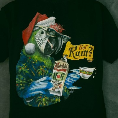 Lower Latitudes Black T-Shirt Large Got Rum Parrot Christmas Graphic Shirt