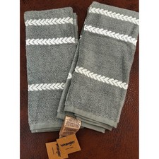 Wrangler Hand Towel Set of 2 Green White Chevron Stripe 100 Cotton 16x26 New
