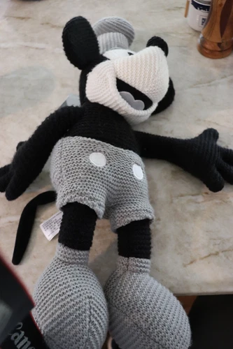 Disney Mickey Mouse Crochet Knit Steamboat Willie Stuffed Plush Black Grey 23"