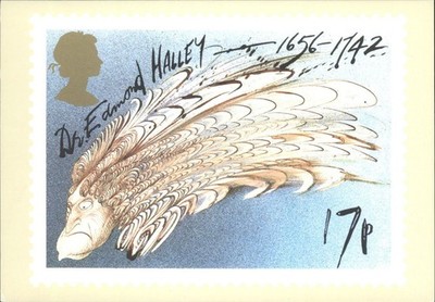 Halley's Comet Dr. Edmond Halley PHQ Postkarte Ralph Steadman Stempel Design 1986