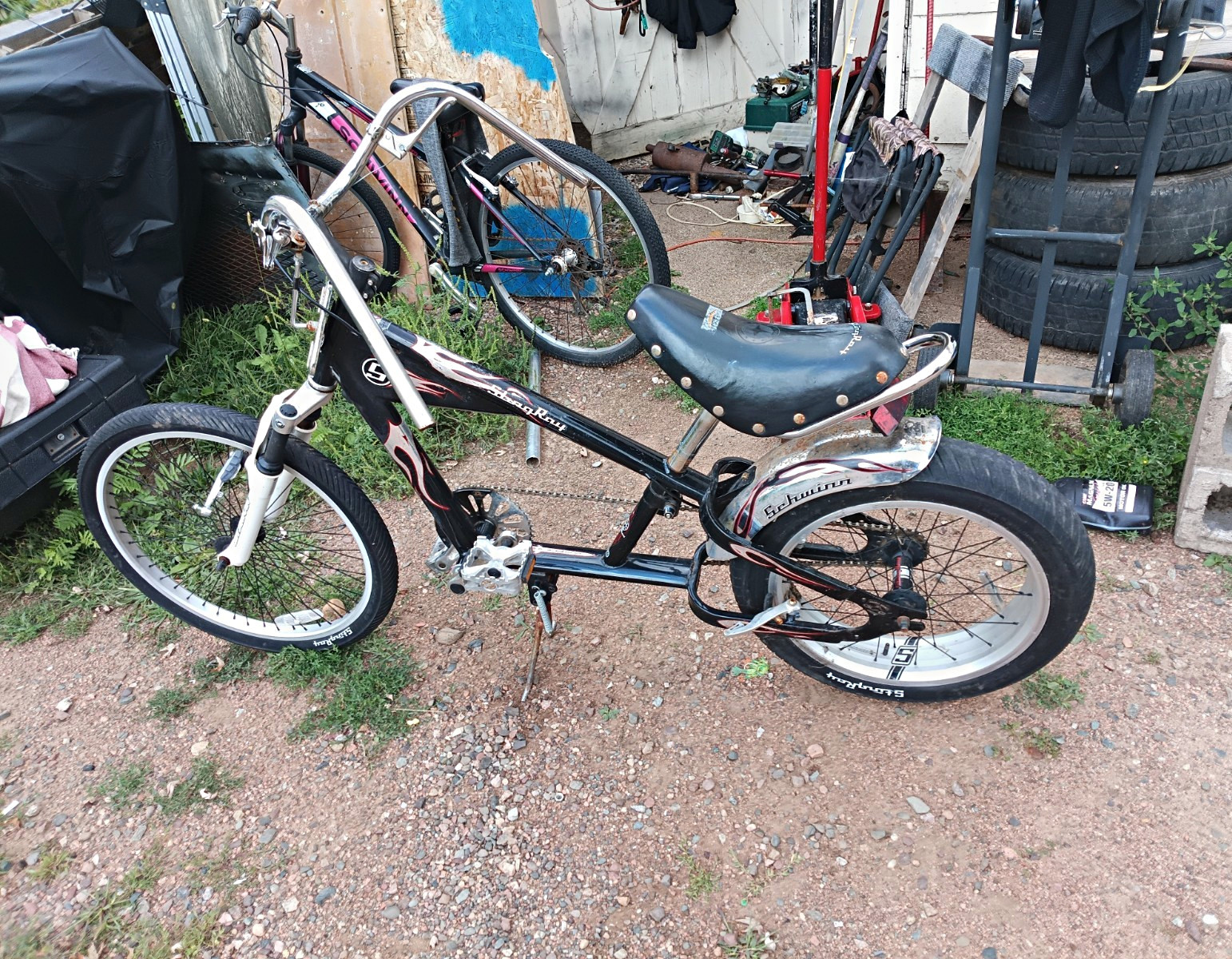 (Used) Schwinn BMX Cruiser Bicycle Black Silver Frame with Flames Black/White Design (125.00 USD) (Used) Schwinn BMX Cruiser Bicycle Black Silver Frame with Flames Black/White Design (125.00 USD)