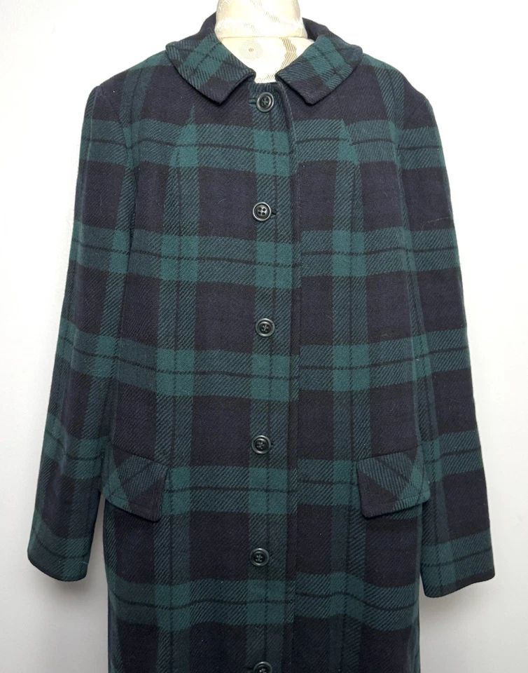 Vintage Pendleton Long Wool Coat Green & Navy Tartan Plaid Fully Lined Women M/L - Image 2 of 4