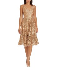 Dress the Population Women's L Gold/Nude Sequin Lace Blair Fit Flare Midi Dress